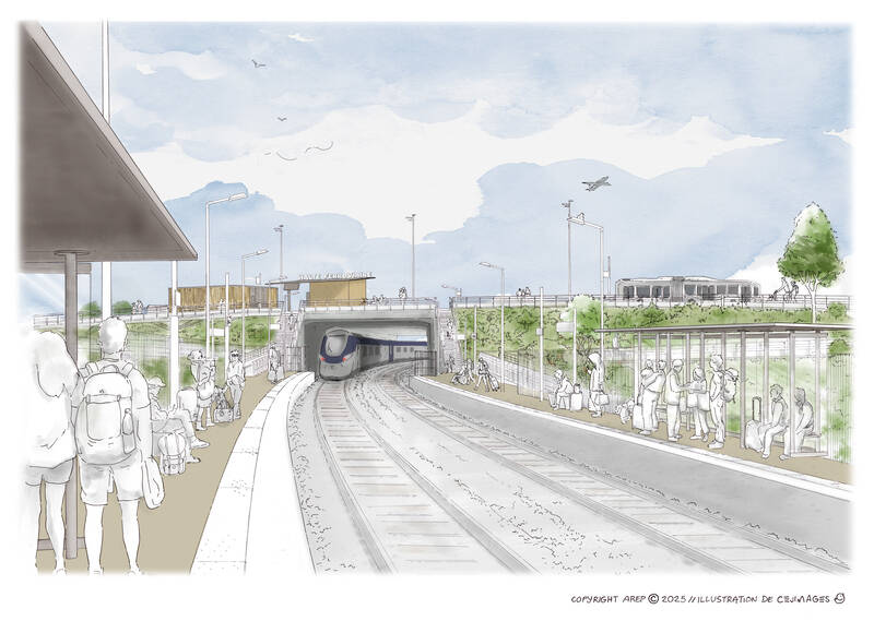 Un dessin de personnes qui attendent le train sur deux quais, situés de part et d'autre des deux deux voies ferrées de la halte. Une rampe et des escaliers permettent de relier la halte à l'arrêt de BHNS situé en hauteur, sur l'ouvrage d'art.