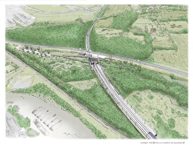 Une vue aérienne du premier scénario du projet. La halte est localisée en dessous de l'ouvrage d'art sur lequel passe la VM85. Sur la halte, deux quais sont situés de part et d'autre des deux voies ferrées.