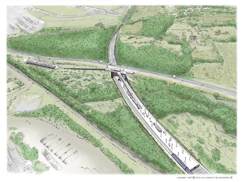 Une vue aérienne du premier scénario du projet. La halte est localisée en dessous de l'ouvrage d'art sur lequel passe la VM85. Le quai de la halte est situé entre les deux voies ferrées.