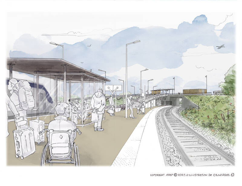 Un dessin de personnes qui attendent le train sur un quai, situé entre deux voies ferrées. Une rampe et des escaliers permettent de relier la halte à l'arrêt de BHNS situé en hauteur, sur l'ouvrage d'art.